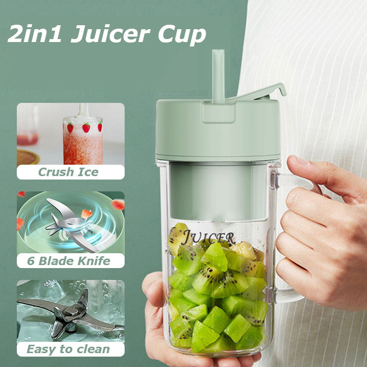 Portable Mini Juicer Blender – USB Rechargeable Smoothie Maker with 6 Stainless Steel Blades & Built-In Straw